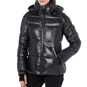S13 Kylie Black Gloss Down Feather Puffer Hooded‎ Winter Jacket Size Small